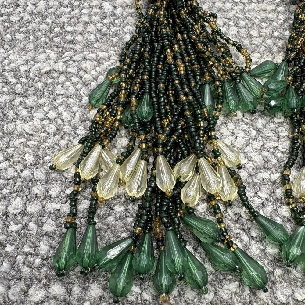 Beaded Curtain Tie Back Embellished Green Cream Brown Tones VTG Beautiful Home